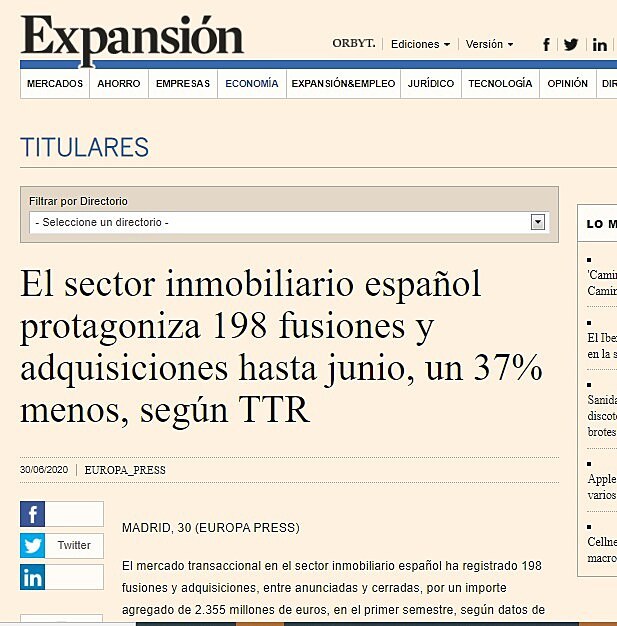 El sector inmobiliario espaol protagoniza 198 fusiones y adquisiciones hasta junio, un 37% menos, segn TTR